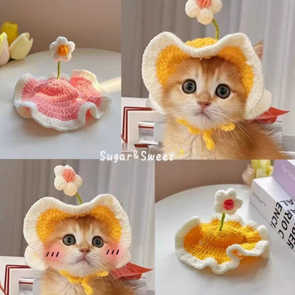 ZenPaw Co. Handmade Pet Bonnet - Crochet Cat Hat & Dog Headpiece (Flower Collection)